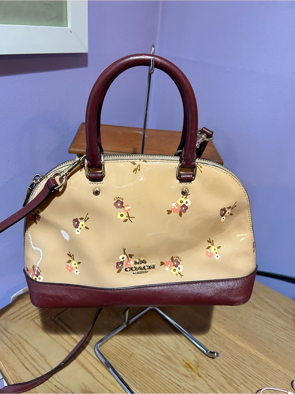 Coach Sierra Floral Patent Leather Satchel - Beige & Burgundy